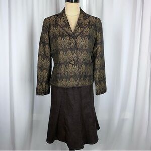Liz Claiborne Skirt Suit Sz 6 Paisley Brocade Jacket Microsuede Skirt Brown